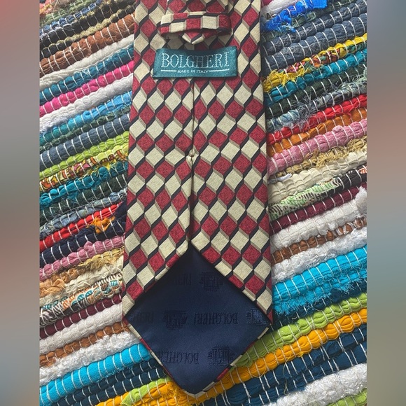 Bolgheri 100% Silk Tie, Burgundy/Tan/Gold/Black Geometric Print, Made In Italy - Picture 2 of 8